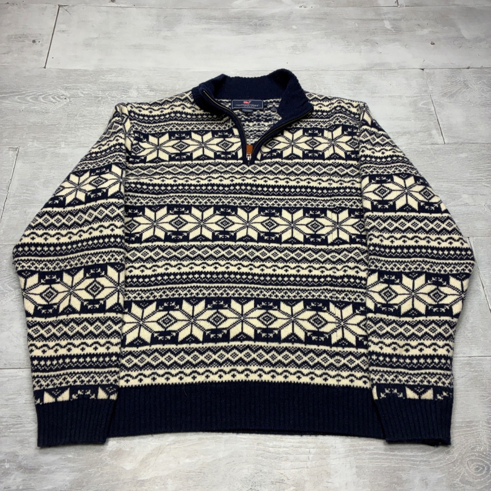 Vineyard Vines Sweater Mens L Navy Fair Isle Lambswool Blend 1/4 Zip Pullover